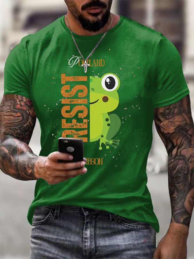 Men's Retro Portland Frog Protest Printed Round Neck T-Shirt
