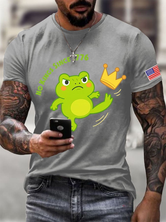 Men's No Kings Frog Printed Round Neck T-Shirt