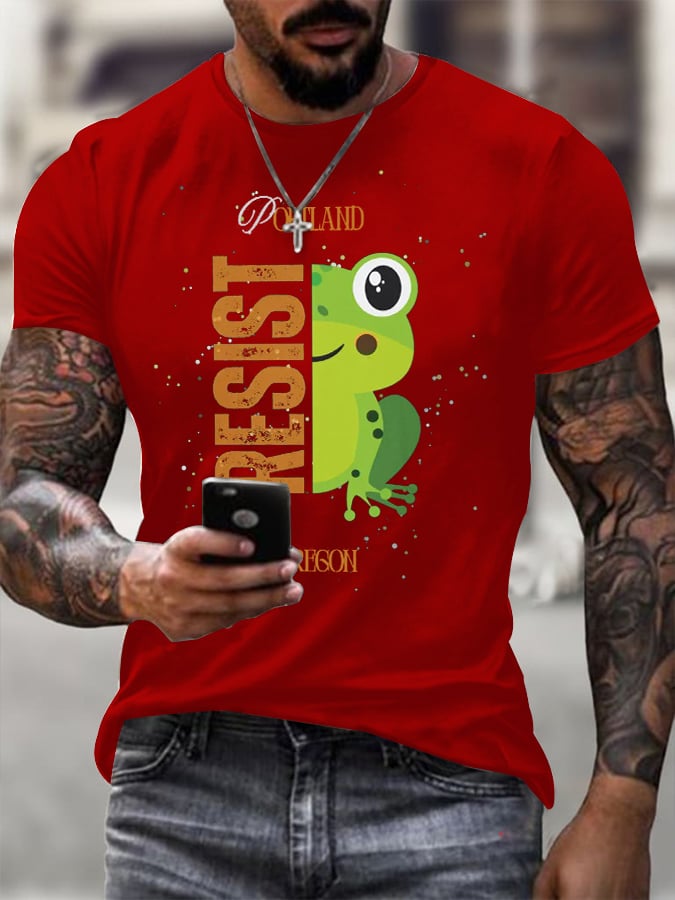 Men's Retro Portland Frog Protest Printed Round Neck T-Shirt