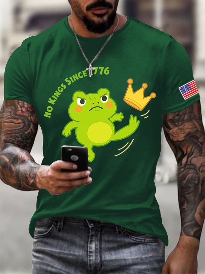 Men's No Kings Frog Printed Round Neck T-Shirt