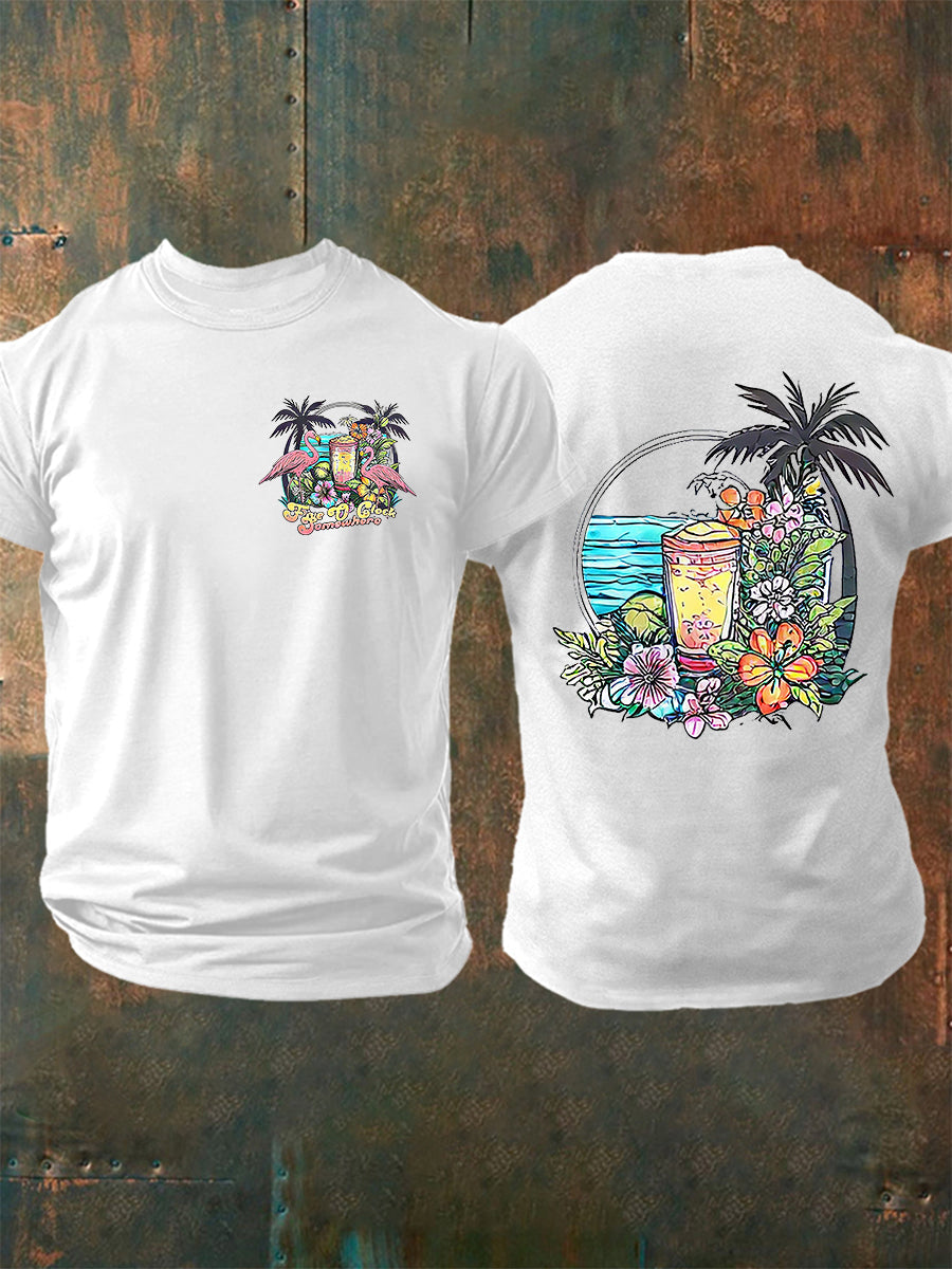 Men's It's 5:00 Somewhere Always Happy Hour Paradise Parrot Print Casual Short Sleeve Tee