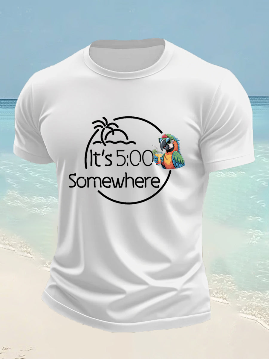Men's It's 5 O'clock Somewhere Parrot Print Casual Tee