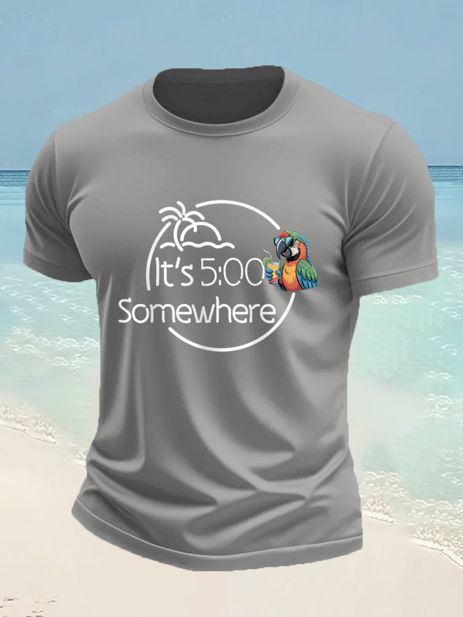 Men's It's 5 O'clock Somewhere Parrot Print Casual Tee