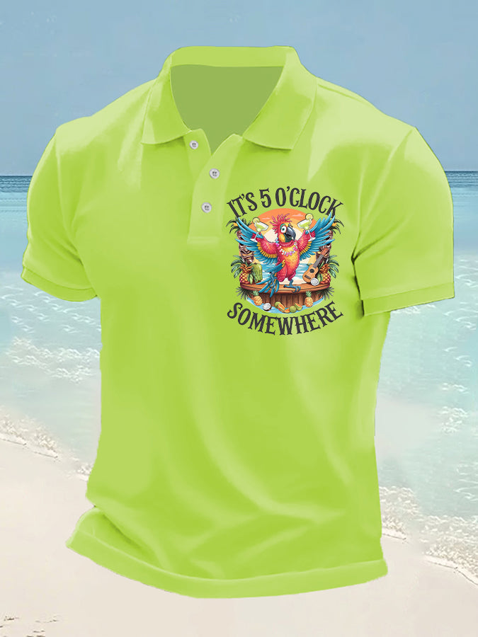 Men's It's 5 O'clock Somewhere Parrot Print Casual Short Sleeve Top