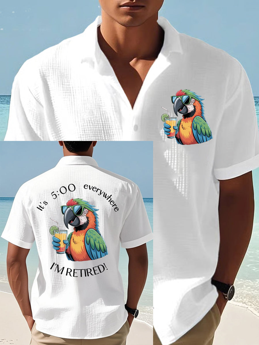 Men's I'm Retired It's 5 O'clock Everywhere Parrot Print Casual Waffle Short-Sleeve Shirt
