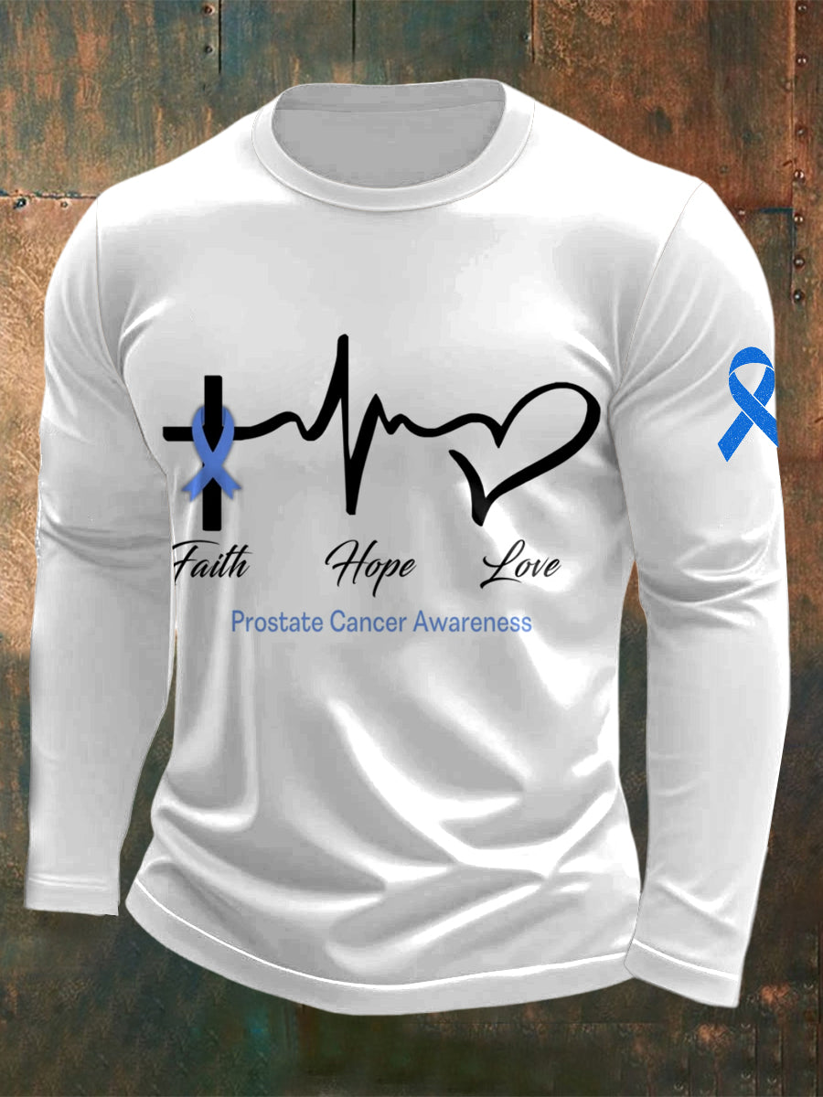 Men's Prostate Cancer Printed Long Sleeved Round Neck T-shirt