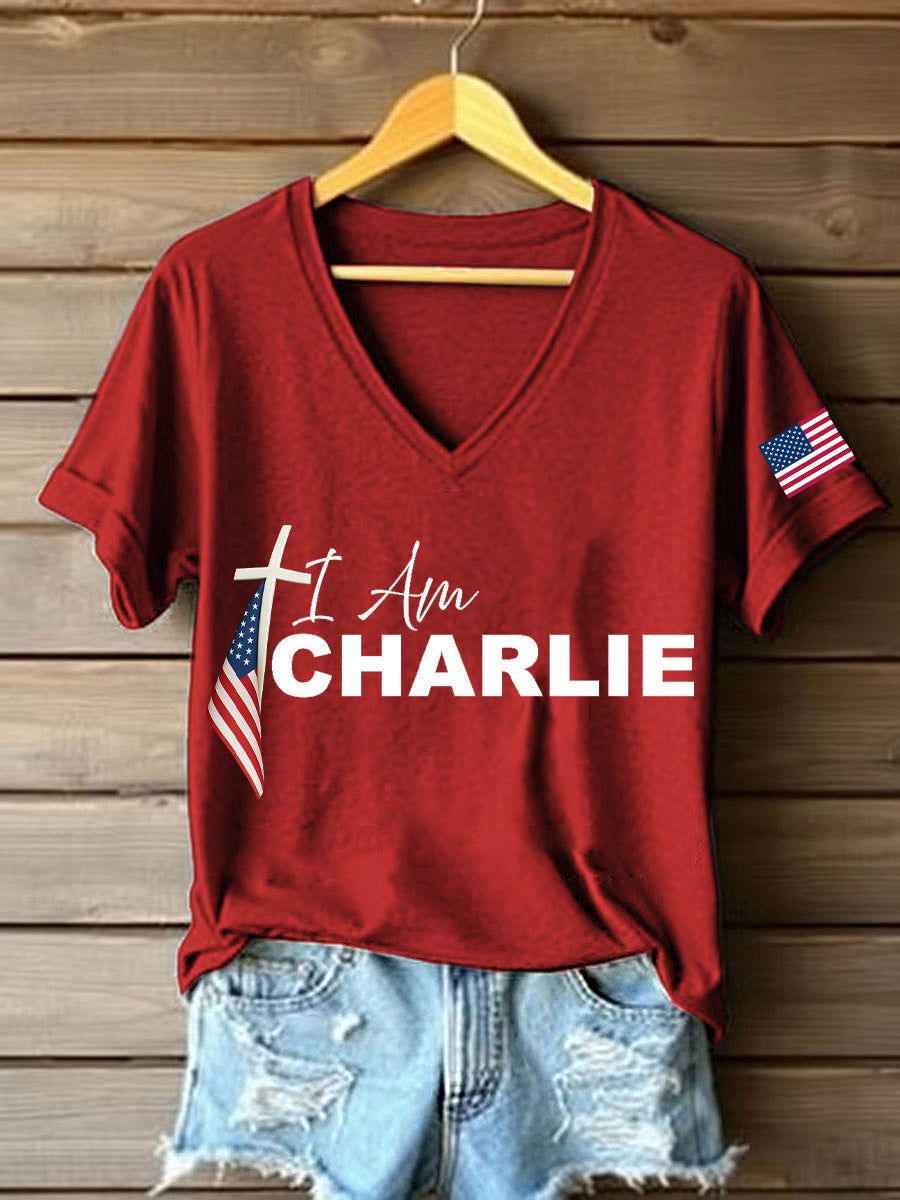 Women's I Am Charlie Print V-Neck T-Shirt