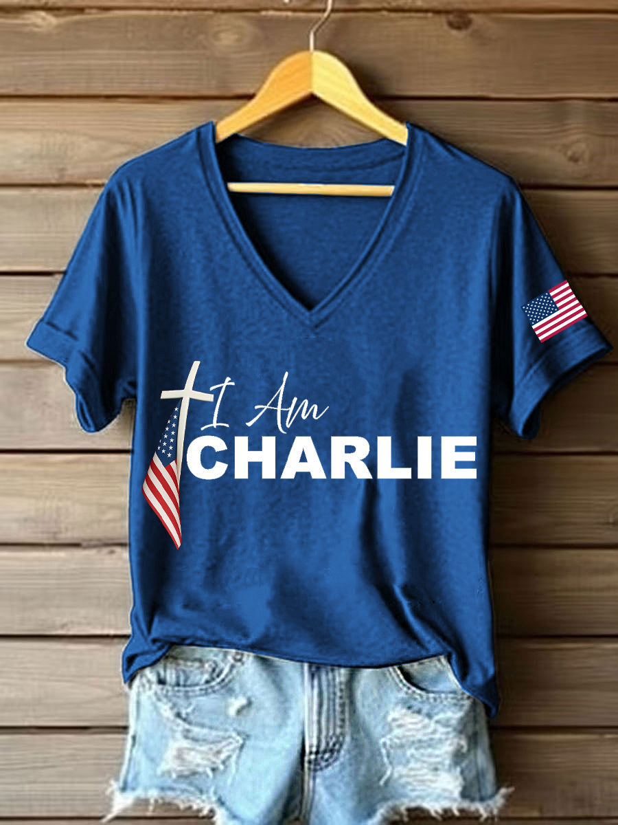 Women's I Am Charlie Print V-Neck T-Shirt
