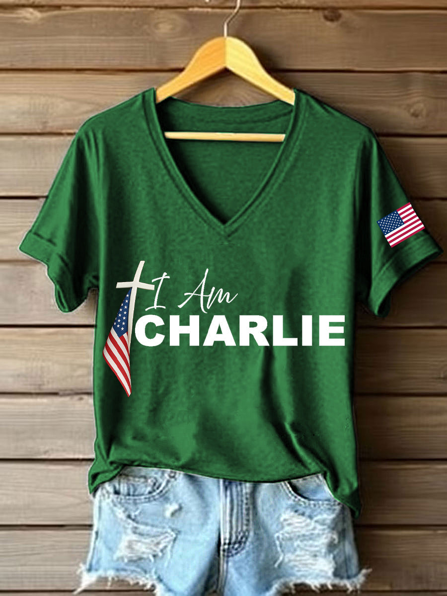 Women's I Am Charlie Print V-Neck T-Shirt