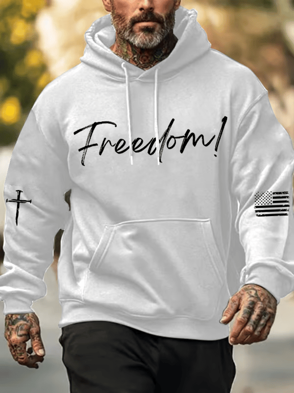 Men's Freedom Printed Oversized Drop-Shoulder Hoodie with Pockets