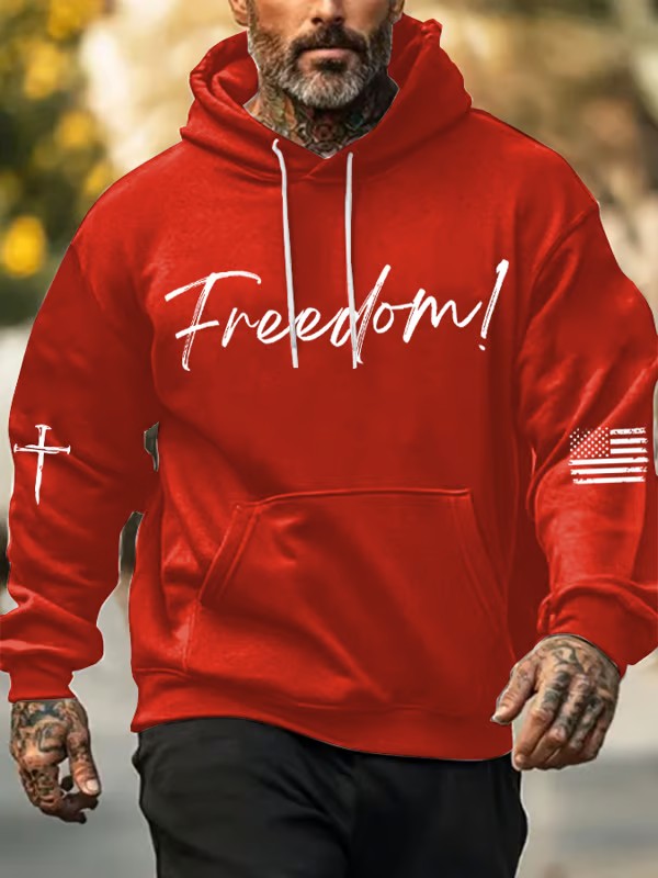 Men's Freedom Printed Oversized Drop-Shoulder Hoodie with Pockets
